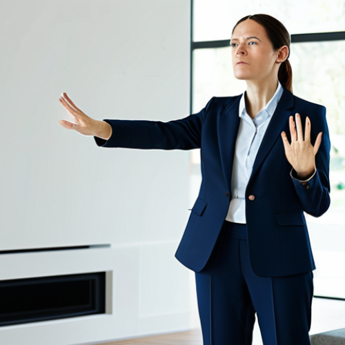 Home 4 A professional woman in a modest business suit, standing in a sleek, minimalist smart home living room. Her hands are mid-air, performing a slightly awkward and repetitive gesture towards an unseen interface, conveying a sense of frustration and cognitive overload. The scene is well-lit with soft, indirect light, emphasizing her determined yet perplexed expression. fully clothed, appropriate attire, modest clothing, safe for work, appropriate content, professional, family-friendly, perfect anatomy, correct proportions, natural pose, well-formed hands, proper finger count, realistic, high quality, professional photography.
