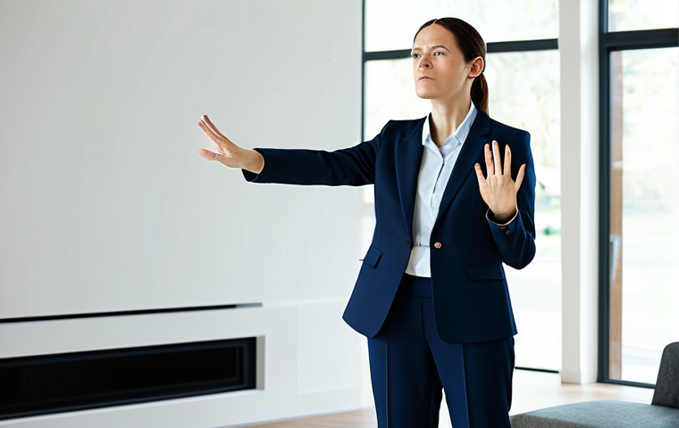 A professional woman in a modest business suit, standing in a sleek, minimalist smart home living room. Her hands are mid-air, performing a slightly awkward and repetitive gesture towards an unseen interface, conveying a sense of frustration and cognitive overload. The scene is well-lit with soft, indirect light, emphasizing her determined yet perplexed expression. fully clothed, appropriate attire, modest clothing, safe for work, appropriate content, professional, family-friendly, perfect anatomy, correct proportions, natural pose, well-formed hands, proper finger count, realistic, high quality, professional photography.