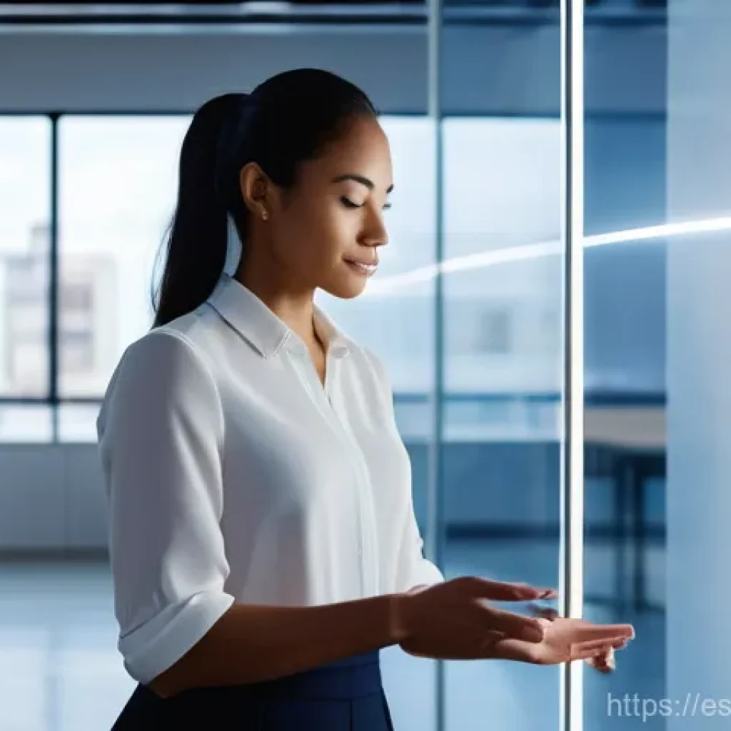 제스처 기반 인터페이스의 브랜드 인지도 향상 - **Seamless Gesture Interaction in a Modern Workspace**
A professional, ethnically diverse woman ...