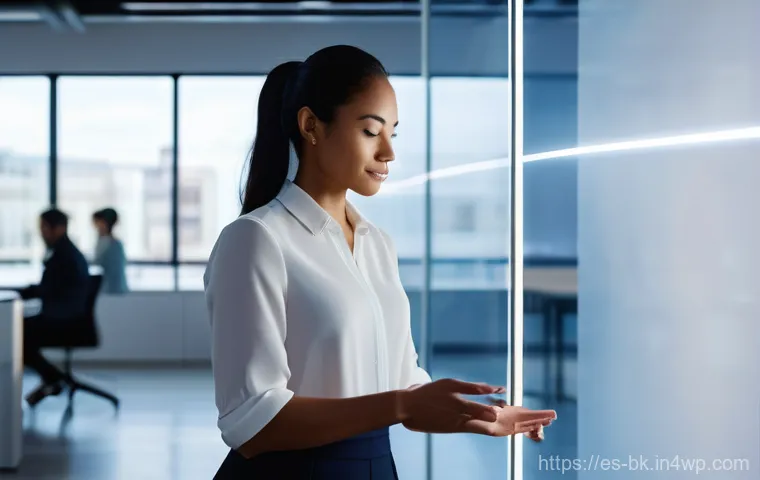 제스처 기반 인터페이스의 브랜드 인지도 향상 - **Seamless Gesture Interaction in a Modern Workspace**
A professional, ethnically diverse woman ...