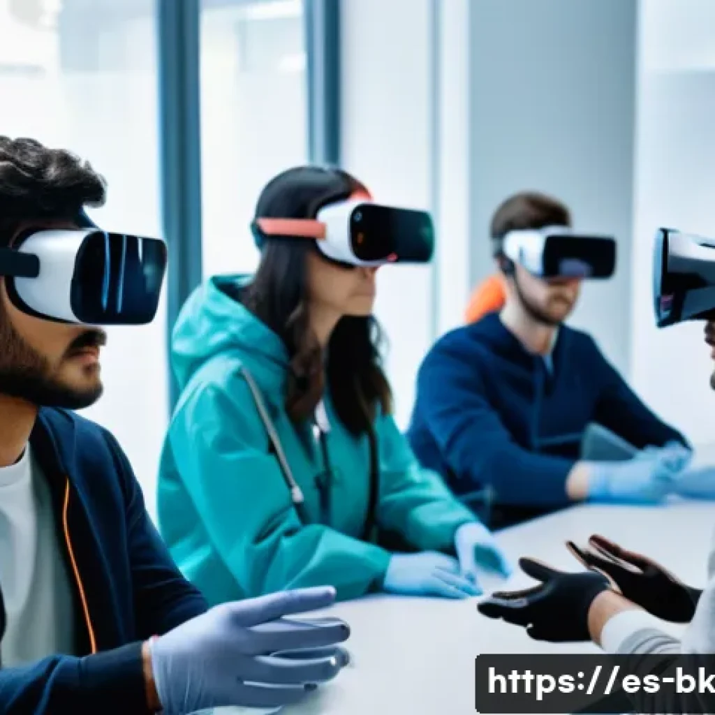 제스처 기반 인터페이스와 VR의 상관관계 - A futuristic classroom scene in a modern Spanish university, where diverse young adult students wear...