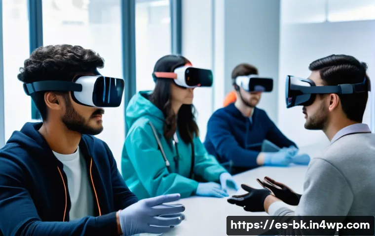 제스처 기반 인터페이스와 VR의 상관관계 - A futuristic classroom scene in a modern Spanish university, where diverse young adult students wear...
