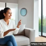 Home 21 제스처 기반 인터페이스의 지속 가능한 발전 전략 - A modern living room scene showcasing a middle-aged Hispanic woman wearing casual clothing interacti...