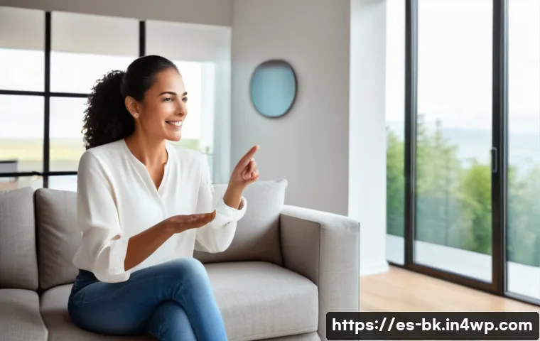 제스처 기반 인터페이스의 지속 가능한 발전 전략 - A modern living room scene showcasing a middle-aged Hispanic woman wearing casual clothing interacti...