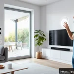 Home 19 제스처 기반 인터페이스의 다각적 접근법 - A modern smart home interior featuring a person controlling multiple devices with hand gestures: adj...