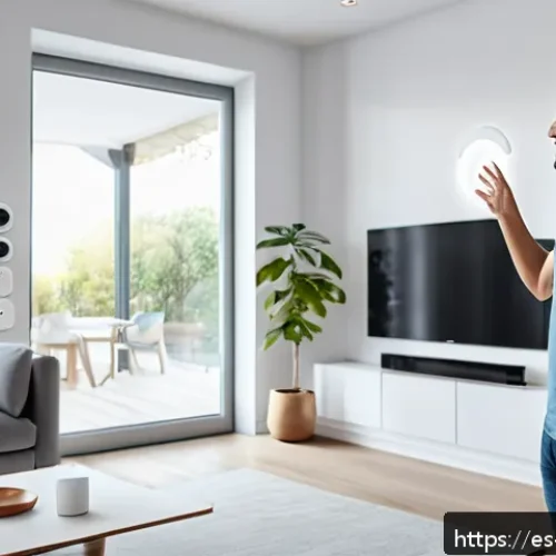 Home 31 제스처 기반 인터페이스의 다각적 접근법 - A modern smart home interior featuring a person controlling multiple devices with hand gestures: adj...
