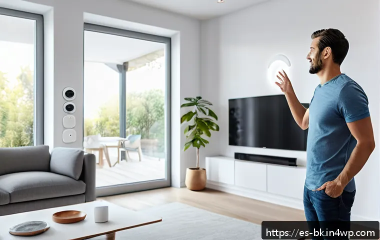 제스처 기반 인터페이스의 다각적 접근법 - A modern smart home interior featuring a person controlling multiple devices with hand gestures: adj...