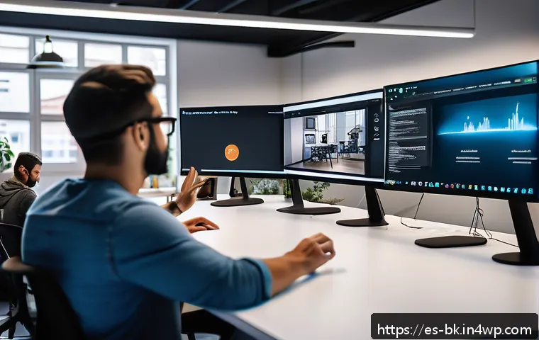 제스처 기반 인터페이스의 디자인 도구 비교 - A diverse group of software developers collaborating in a modern coworking space in Madrid, Spain, s...