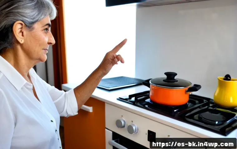 Home 17 제스처 기반 인터페이스의 안전성 문제 - Photorealistic close-up of an older Spanish woman in a bright modern apartment kitchen, cautiously u...