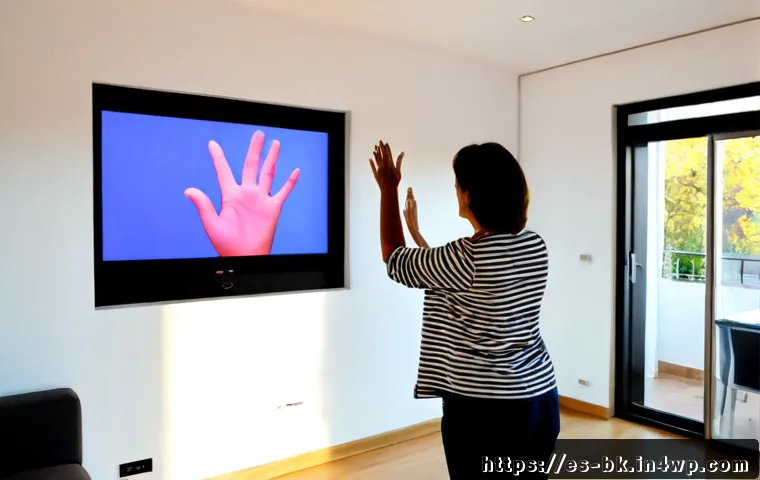 제스처 기반 인터페이스와 인터랙티브 미디어 - Photorealistic modern living room in Madrid, a middle-aged Spanish woman using natural hand gestures...