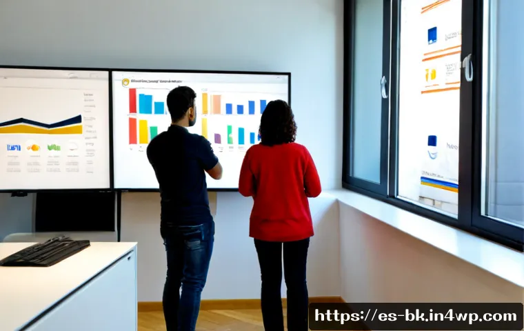 제스처 기반 인터페이스의 통계적 데이터 분석 - Photorealistic modern usability research lab in Madrid, a Spanish UX analyst standing beside a large...